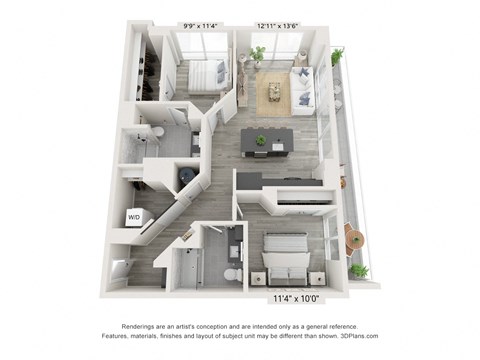 Floor plan for 2 beds, 2 baths, 1065 sqft